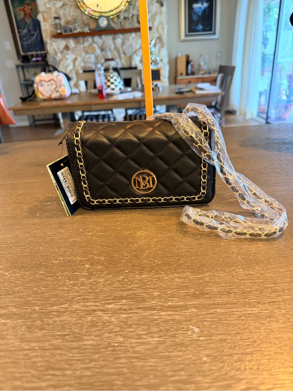 Badgley Mischka studio Quilted Black Crossbody Bag with Gold Chain Accent